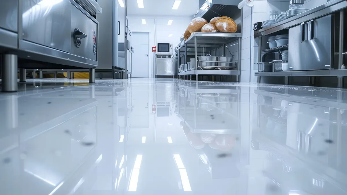 Seamless floor beneath bakery racking